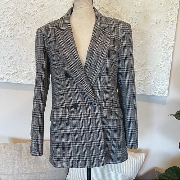 Reformation Women Plaid Double Breasted Blazer Gray Black Sz Medium - Picture 1 of 10